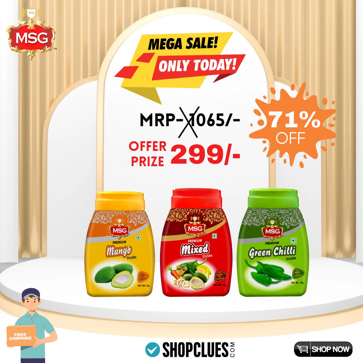 MSGAllTrading's tweet photo. 🎉🎉Deal of the day🎉🎉
★★★☆☆
msg pickle combo (green chilli pickle 1kg, mixed pickle 1kg, mango pickle 1kg) For ₹299
https://t.co/5u90f3MzbU
#MSGPickleCombo
#Sale https://t.co/5CzxCwlIxf