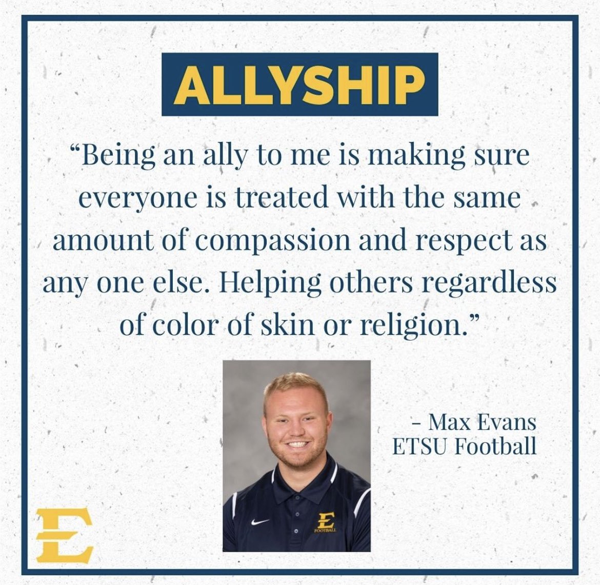 ETSU__SAAC's tweet photo. DAY 2: Let's Talk About It.🗣 

Today focuses on dialogue, reflection &amp; education, which are important steps in showing unity and support. 

Three representatives of @ETSUFootball what it means to them to be inclusive and an ally for others. 

#SoConUnited✊ https://t.co/RAU0AxaudP