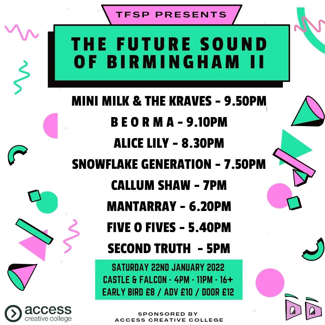 IndieMidlands's tweet photo. Beorma &amp; Five O Fives play The Future Sound Of Birmingham II on Saturday at The Castle &amp; Falcon

Beorma are on stage at 9:10pm
Five O Fives at 5:40pm

It's a good day of live music so grab a ticket here - https://t.co/iT2HLvEu0W https://t.co/IfMFoDXFr7