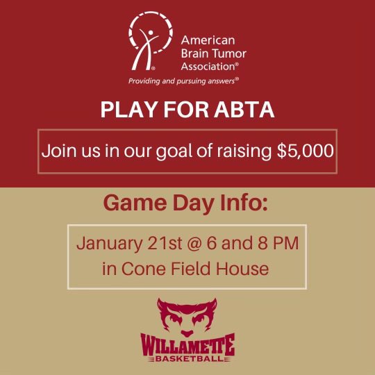 WillametteWBB's tweet photo. Friday January 21st vs Linfield we are playing for the American Brain Tumor Association!

Come join us with a chance to donate and win prizes. All proceeds will benefit ABTA!

If you cannot attend but would like to donate, follow the link: https://t.co/KtqoTEQyA3

#BearcatFamily https://t.co/RXmv6BnZ3a