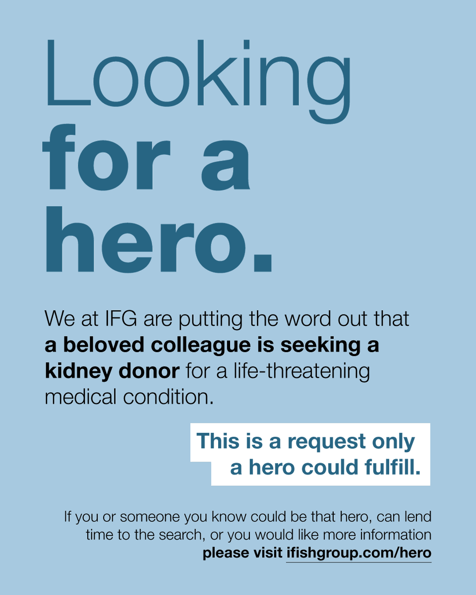 ifishgroup's tweet photo. One of our beloved colleagues is seeking a kidney donor for a life-threatening medical condition. If you or someone you know can lend time to the search or if you'd like more information, please visit https://t.co/spl1gYd4TQ https://t.co/TUdKMnKTiX