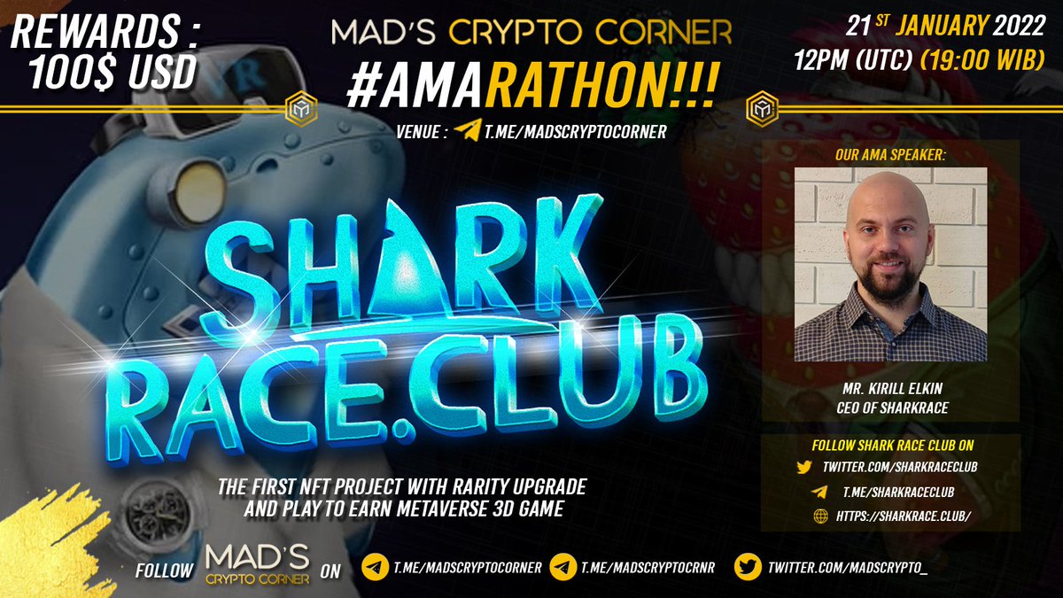 MadsCrypto_'s tweet photo. 🌟 @MadsCrypto_ #AMArathon with @sharkraceclub ✨

🏰Venue: https://t.co/4FI7MbBNlM
💰Pool: 100 $BUSD
⏰Time: 21/01/2022 12PM UTC
▶️More: https://t.co/jZmj3pChIo

🛑#AMA Rules: 
🔸Follow us, @sharkraceclub &amp; @INDOTRADER_
🔸Join Telegrams
🔸Like &amp; RT
🔸Comment questions &amp; Tag 3 https://t.co/gUdIn6uyp5