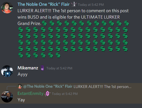 safe_rick's tweet photo. Congrats to ExtantEnmity for winning today's LURKER ALERT in the @nobilitytoken Discord. He's been gracious enough to donate his BUSD winnings back to the pot, so tomorrow's winner will receive DOUBLE the BUSD!!!
#NobleKnight #NobilityBlockChain https://t.co/ZplzBrwkLb