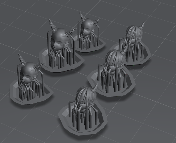 あと、自作の「メカクレ・デモネット頭部」がずっと出力失敗していた原因を突き止めた。
Lycheeでスライスする際のバグ(仕様?)だ。
モデルのメッシュに穴が空いてたりすると、Lycheeはスライス時に巨大な柱を作ったりすることがあるみたい。
CHITUBOXでスライスしたら、普通に出力できた! 