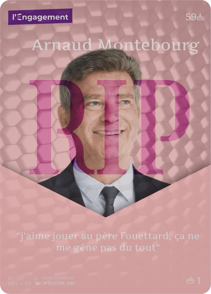 NFTElection2022's tweet photo. Due to the withdrawal of Arnaud Montebourg to the 2022 election, we will be releasing later this week 10 x Common - Arnaud Montebourg NFT cards on our opensea page.

https://t.co/uzi5N6cFSn

In the meantime, follow us to stay in touch!

 #nftcollector 
 #NFTs  
 #NFTCommunity https://t.co/0IBBRB3vGe