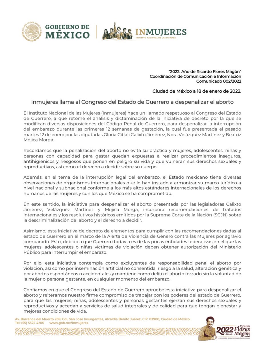 RedMujeresGro's tweet photo. Comunicado de @inmujeres al @congresogro, donde hace un llamado a que retome el análisis y dictaminación de la iniciativa de decreto para despenalizar la interrupción del embarazo durante las primeras 12 semanas de gestación.
#SeráLey 💚💜 https://t.co/s40AhJAYbG