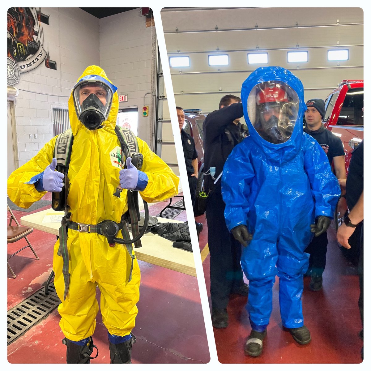 IAFF2392's tweet photo. Local 2392 has been busy the past few shifts! We are always prepared to respond to many different types of calls, including hazmat incidents! Here we see a few members practicing donning our special Level B and Level A suits! https://t.co/NStif0CNw7