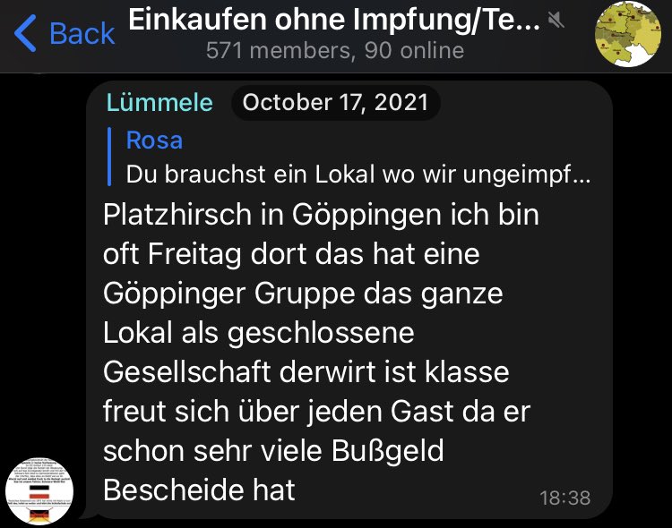 QReXRecherche's tweet photo. Für die verschwörungsideologische Demo #GP2201 in #Göppingen mobilisiert unter #UnternehmenStehenAuf u.a. auch das umstrittene #Querdenker-Restaurant Platzhirsch - bis vor kurzem offenbar ein Treffpunkt für viele #Querdenker wie den gewaltbereiten Ingo (Lümmele) aus #Reutlingen. https://t.co/z8KJPWDRTP
