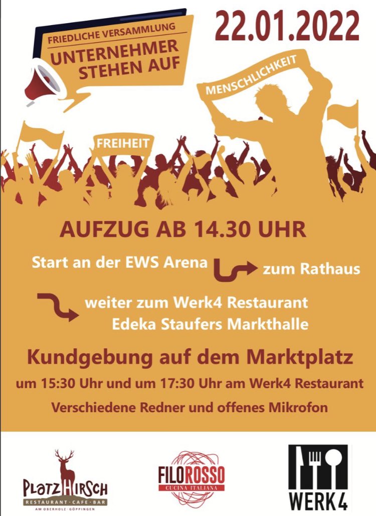QReXRecherche's tweet photo. Für die verschwörungsideologische Demo #GP2201 in #Göppingen mobilisiert unter #UnternehmenStehenAuf u.a. auch das umstrittene #Querdenker-Restaurant Platzhirsch - bis vor kurzem offenbar ein Treffpunkt für viele #Querdenker wie den gewaltbereiten Ingo (Lümmele) aus #Reutlingen. https://t.co/z8KJPWDRTP