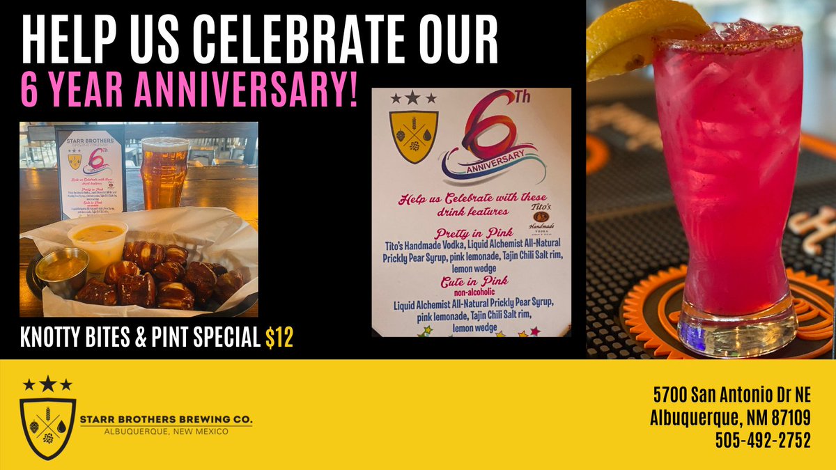 Thank YOU to our Patrons for your support over the past crazy Years! We are happy to say it is our 6th Anniversary!!! 🎉🥳🙌🏻⭐️🥂🍻 We have 2 fun pink drinks/Yummy Knotty Bites / Pint Special 🍺🥨 Stop by and say Hello!  #ThankYou #PrettyinPink #pintsandknottybites