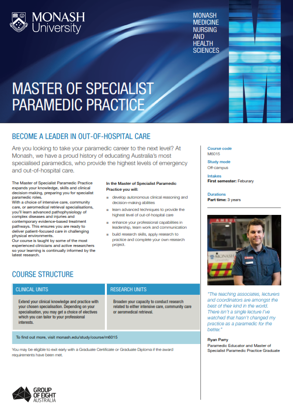 Paramedicine Monash University (@monash_para) on Twitter photo Exciting news.
We have added a Community Care Stream to our Masters of Specialist Paramedic Practice. Complete the whole Masters or exit with a Graduate Certificate (1-year). Applications are now open for 2022.
handbook.monash.edu/current/course…
<a href="/MonashUni/">Monash University</a> <a href="/Monash_FMNHS/">Monash Medicine, Nursing and Health Sciences</a> <a href="/SPAHCMonash/">Monash Uni Primary and Allied Health Care</a> # Exciting news.
We have added a Community Care Stream to our Masters of Specialist Paramedic Practice. Complete the whole Masters or exit with a Graduate Certificate (1-year). Applications are now open for 2022.
handbook.monash.edu/current/course…
<a href="/MonashUni/">Monash University</a> <a href="/Monash_FMNHS/">Monash Medicine, Nursing and Health Sciences</a> <a href="/SPAHCMonash/">Monash Uni Primary and Allied Health Care</a> #