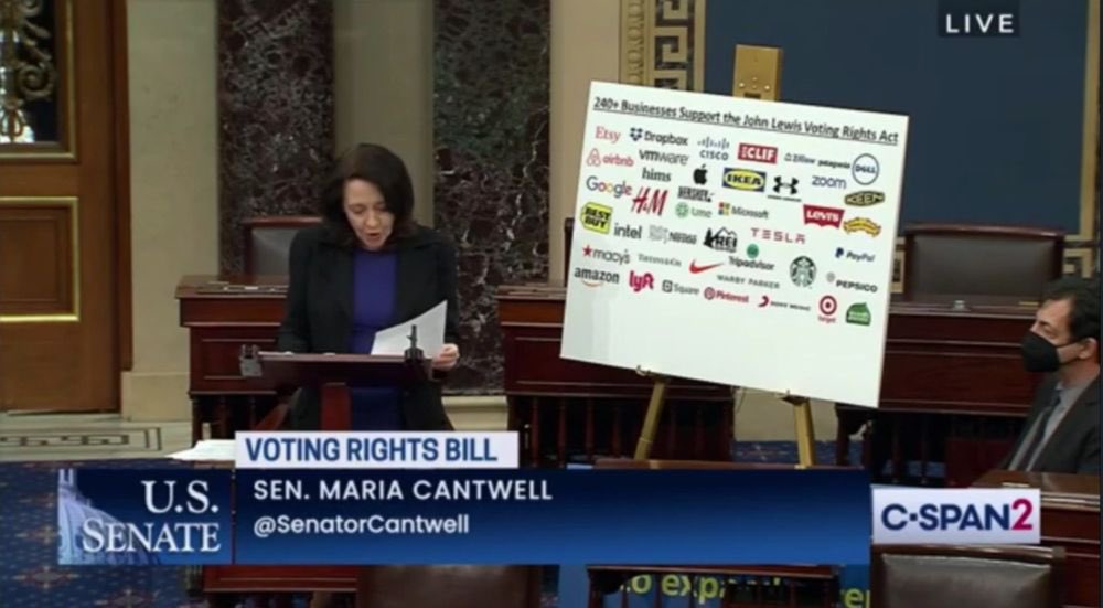 NanaEsBoricua's tweet photo. Senator @MariaCantwell debunks Trump big lies &amp; points out corporate America wants the #JohnLewisFreedomAct passed
Companies like Dell, Microsoft, Google, Intel, Coca Cola, Tesla, Target &amp; Paypal…understand businesses can’t thrive in unstable democracies. 

#VotingRightsForUS https://t.co/nYEi0qwvj4