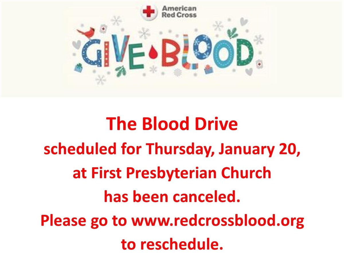 FPCBoone's tweet photo. Due to inclement road and parking lot conditions, the Blood Drive scheduled for this Thursday, January 20, at FPC has been canceled. To schedule or reschedule, please go to https://t.co/BI5q6xBPNI. https://t.co/ehTSVE3UoE