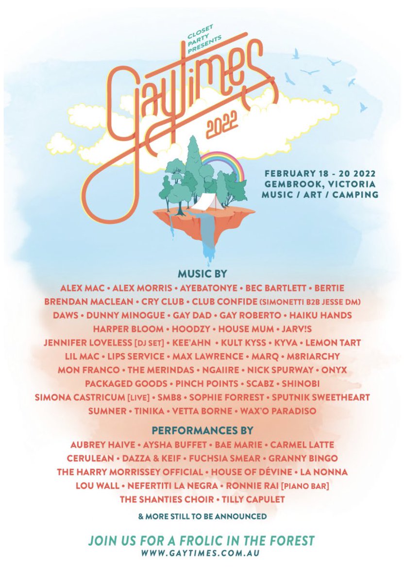 Excited to be playing such an inclusive festival…with many friends on the bill 💥
Gaytimes is a boutique music, arts and camping festival for the lesbian, gay, bisexual, trans, queer and gender diverse community. 
They welcome all the colours of the rainbow, and their friends 🌈