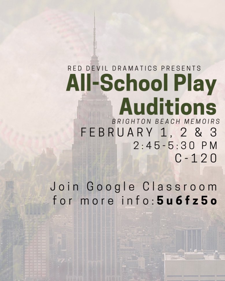 🌟🌟AUDITION NOTICE 🌟🌟: Brighton Beach Memoirs by Neil Simon
This spring, Red Devil Dramatics will bring our All-School Play, Brighton Beach Memoirs, to life!Join the google classroom for audition information!! 🎭🎭