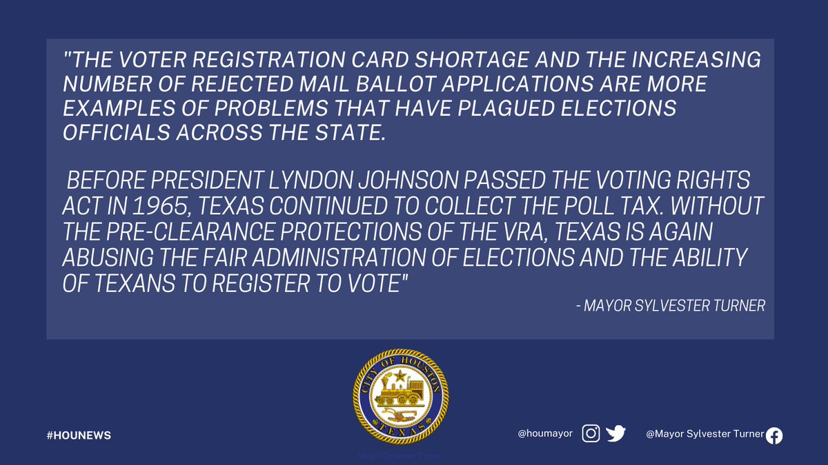 HoustonTX's tweet photo. .@houmayor Sylvester Turner on Voter Registration Card Shortage in Texas⬇️
#Hounews 

Full statement here: https://t.co/pq71K5Rkrj https://t.co/DDZbXY3Vuz