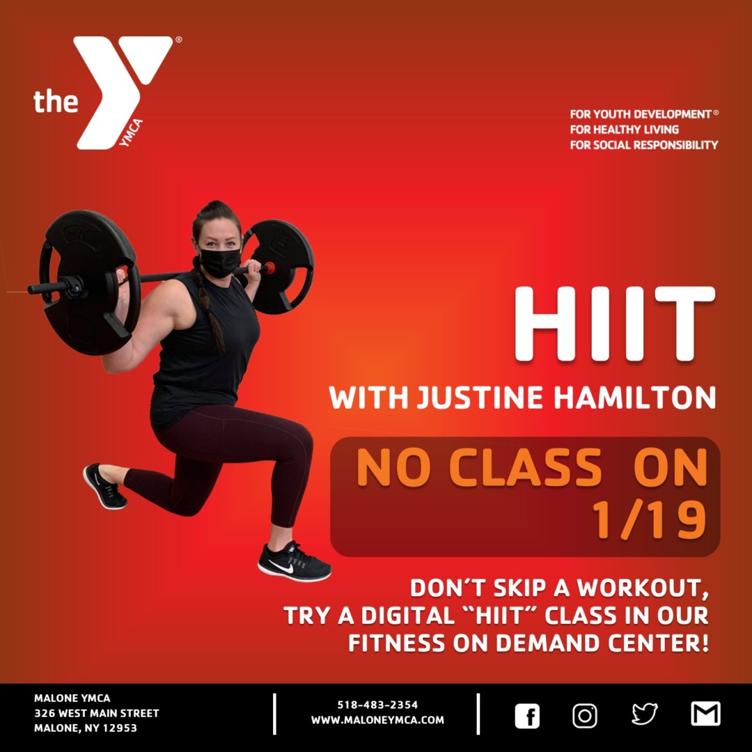 MaloneYmca's tweet photo. HIIT with Justine Hamilton on Wednesday, 1/19/22 has been canceled.
Don't miss a workout, take a digital class in our Fitness on Demand Center! 

#MaloneYMCA #YMCA #HIIT https://t.co/T7x4OAVNtF