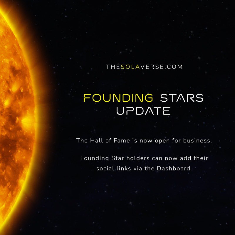 the_solaverse's tweet photo. Founding Stars - your NFTs just got an upgrade.

Benefit #1 is now live for our Founding Stars. Please head to your dashboard and update your social profile 💛

https://t.co/gKBKJQvN1h https://t.co/XvIBYiTiZE