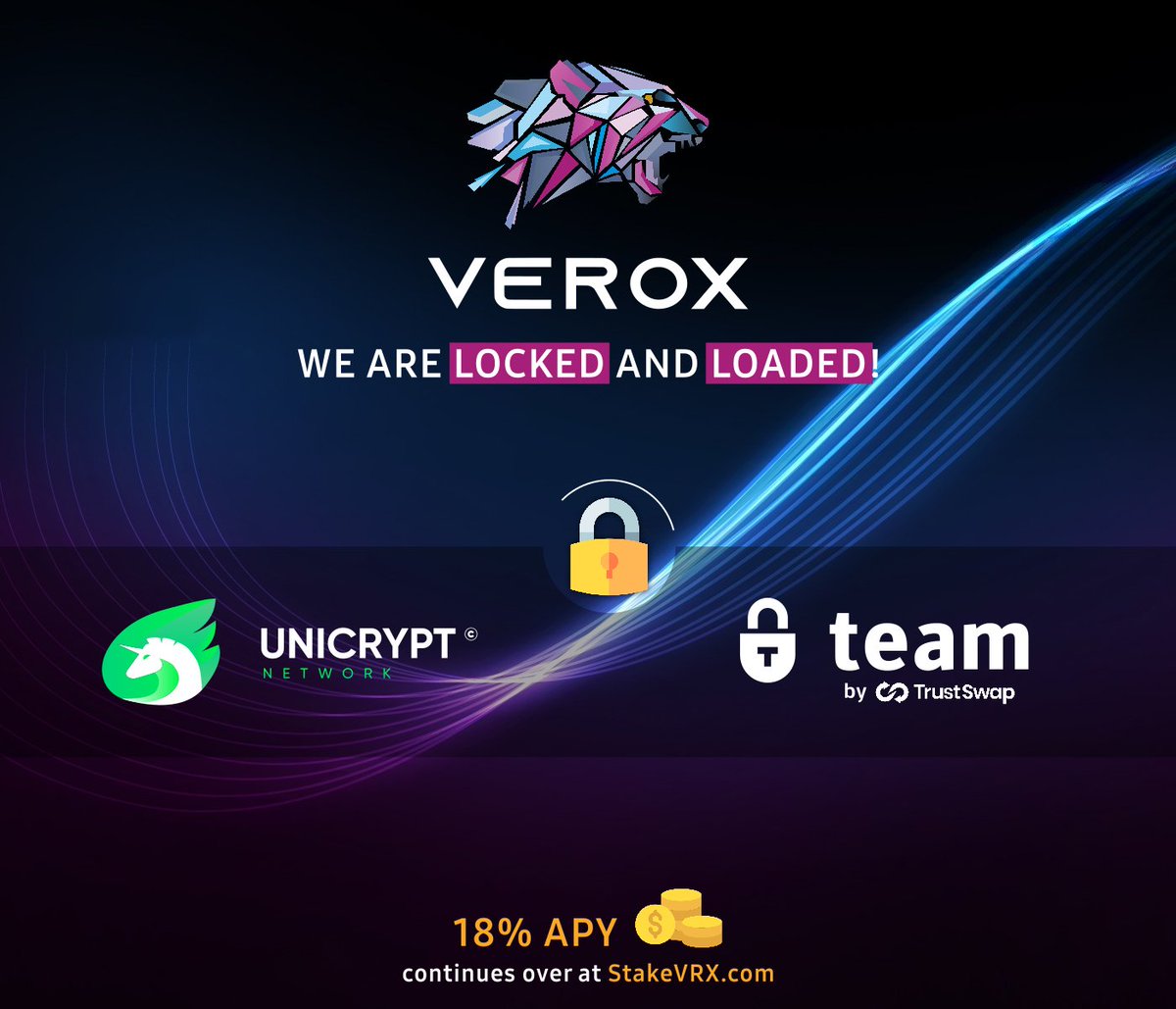 We are locked and loaded! 🔒🚀

70% of liquidity is now re-locked for another year at <a href="/UNCX_token/">UNCX Network</a>.
Unlocked ETH going towards maintenance + development. VRX locked at <a href="/TrustSwap/">TrustSwap</a>. ~380 will unlock monthly + sent for staking rewards.

18% APY continues at stakevrx.com🔥