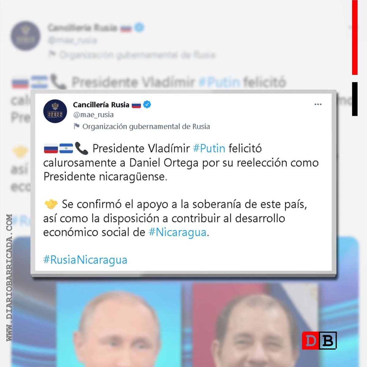 #Nicaragua | El presidente de Rusia Vladimir Putin felicitó a su homólogo, Comandante Daniel Ortega, por su reelección.

#SomosPuebloPresidente #18Enero <a href="/FirmesP/">Firmes Por la Paz</a> <a href="/miltonyani/">Milton S.</a> <a href="/db_nicaragua/">BARRICADA - Nicaragua</a>