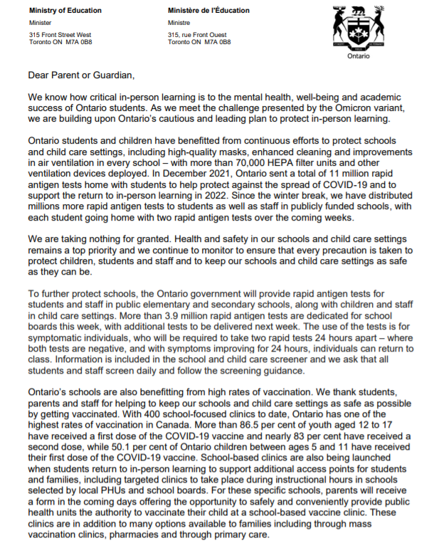 HWDSB's tweet photo. The Chief Medical Officer of Health and Education Minister have written a message to parents as we return to in-person learning.

You'll also find instructions if you have symptoms of, test positive for, or are exposed to someone with COVID-19.

Letter: https://t.co/Y25iy3jJLG https://t.co/bnXJK4fNXJ