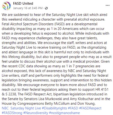 kristenhowerton's tweet photo. This week an @nbcsnl skit relentlessly mocked an awkward teen boy. The punchline? He had fetal alcohol syndrome. Is it appropriate to shame people w/ autism? Down Syndrome? Other disabilites? No. Not ok with #FASD either. @notbenmarshall @JawnHiggins @martinmherlihy @SarahSquirm https://t.co/dJyQEYhDEf