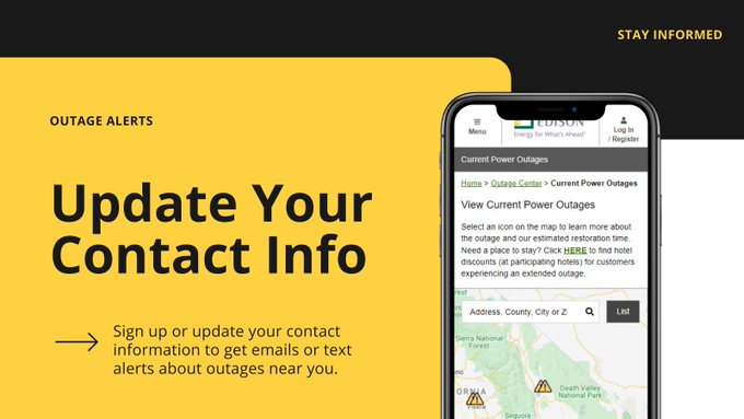 📣 Update your contact information📲 

Sign up or update your contact information to get emails or text alerts about outages near you. sce.com/outagealerts