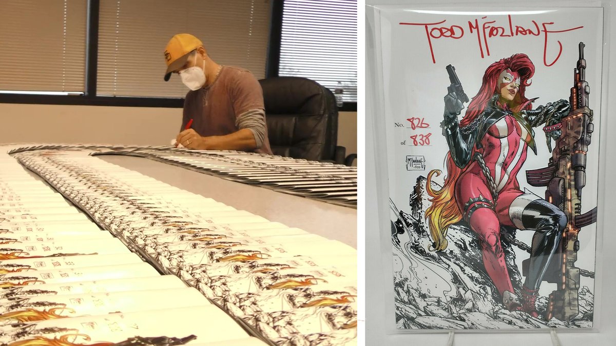 PREVIEWSworld's tweet photo. .@Todd_McFarlane celebrates his record-breaking "Year of Spawn" by signing the 1:25 variant of his new series, THE SCORCHED! Here's a look at Todd's day at the office. Watch: https://t.co/yaDDhcb15b

#Spawn 
@ImageComics https://t.co/QZFaRjASUU