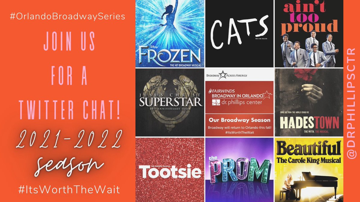 MyFanGuide's tweet photo. #BroadwayIsBack in Orlando for the 2021/22 season at @DrPhillipsCtr &amp; we have these chats before every show to get excited about #OrlandoBroadwaySeries #FAIRWINDSBway @Tootsie @ThePromMusical @AintTooProud @FrozenBroadway @CatsTheMusical @BeautifulOnBway @JCSTheMusical @hadestown https://t.co/AxNd7s55fs