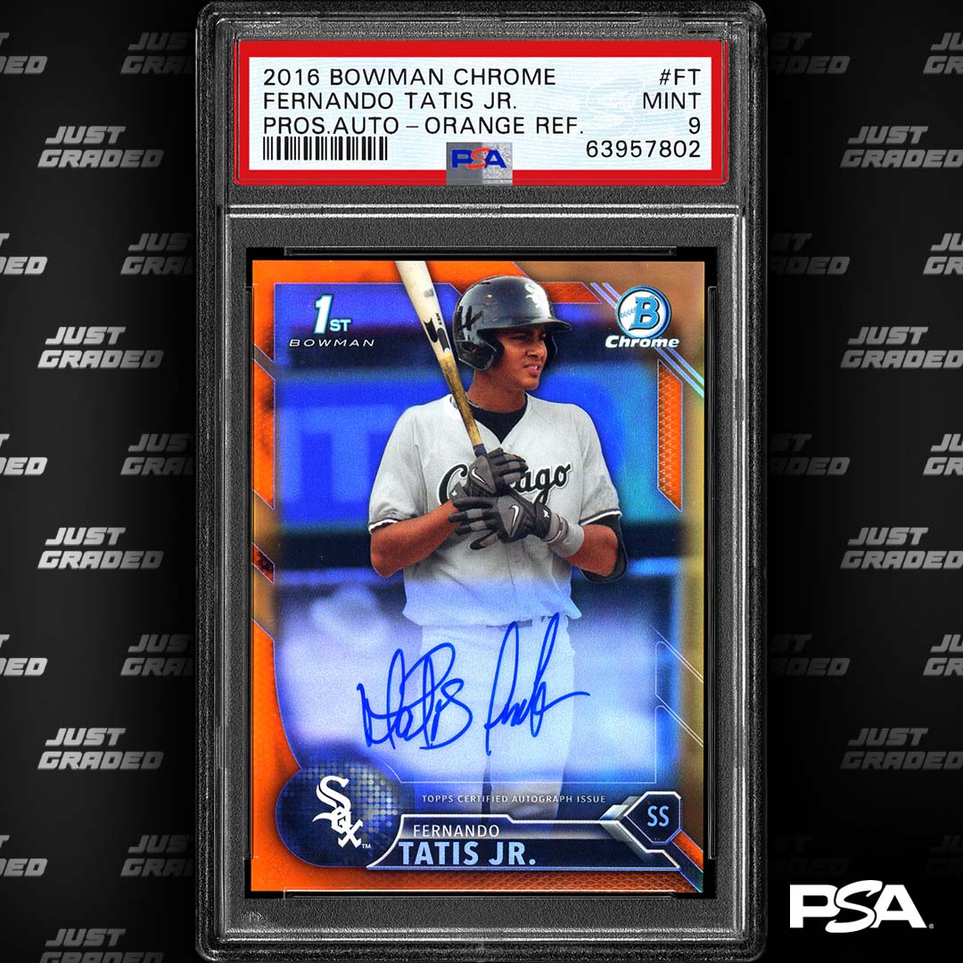 PSAcard's tweet photo. Anyone else missing baseball season? Here's an El Niño monster that just came through our facilities.

ℹ️ 8 of the 25 Fernando Tatis Jr. 2016 Bowman Chrome Prospect Auto Orange Refractors have been graded by PSA. This is the 5th PSA 9, with only 2 graded higher. https://t.co/i6ahbOD5Qx