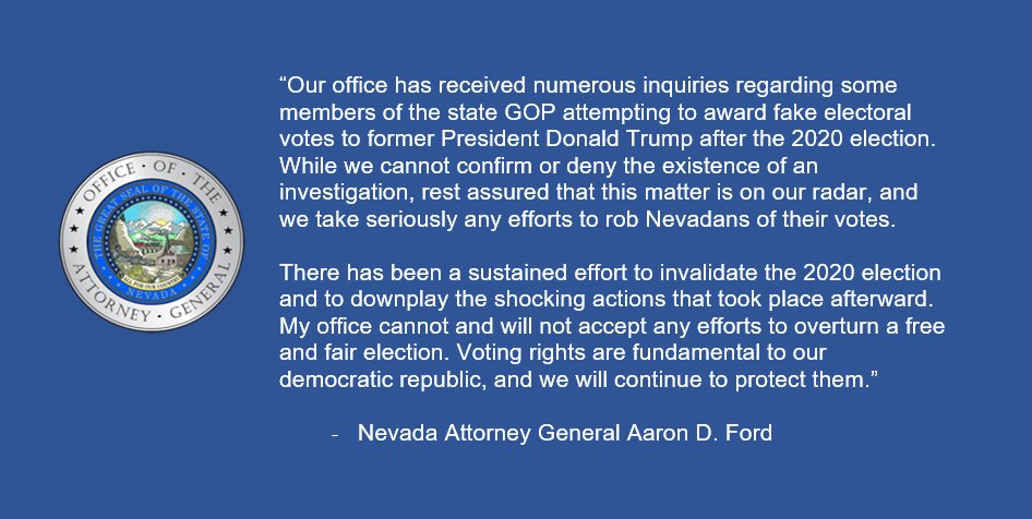 NevadaAG's tweet photo. Statement from @NevadaAG @AaronDFordNV regarding an attempt to award false electoral votes in the 2020 election. https://t.co/c6jY9k6j93