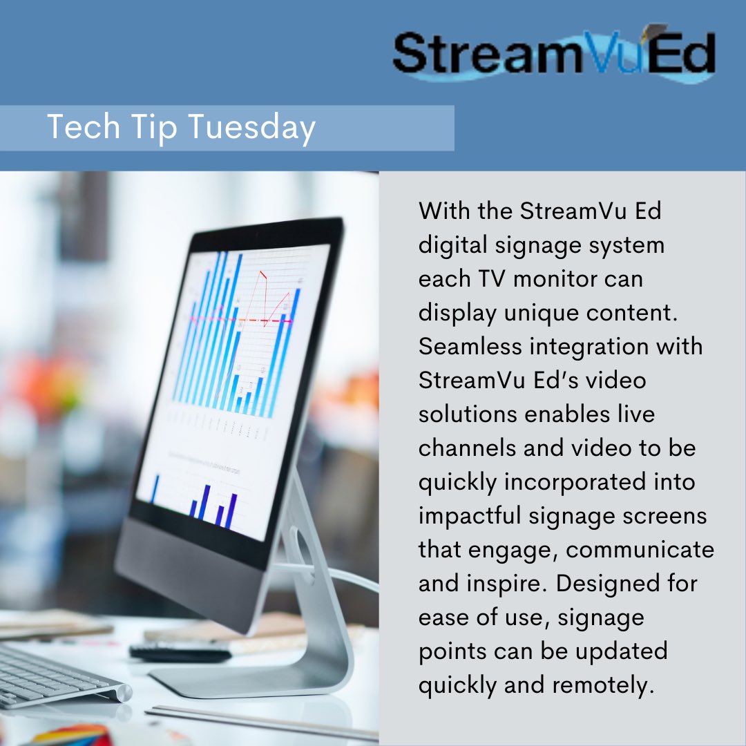 StreamVuEd's tweet photo. Easy to use, Simple Installation and Unique Content. 

Designed for ease of use, signage points can be updated quickly and remotely.

#techtips #edtech #educationmatters #K12 #videostreaming #educational #edtechchat #edtechconf https://t.co/7zXLo5hihx
