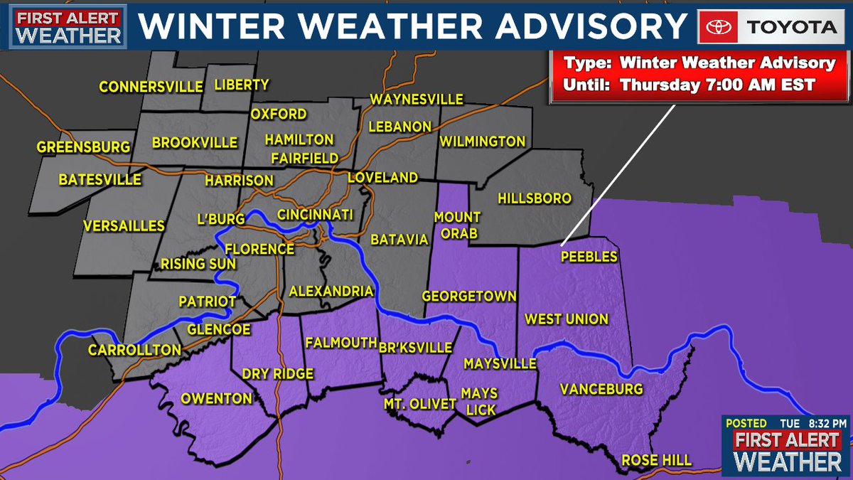 TrustSteve19's tweet photo. A *** WINTER WEATHER ADVISORY *** has been issued for the FOX19 NOW viewing area for the counties indicated on the map.  For more information check the First Alert Weather App or https://t.co/MP4bUf3tdo . https://t.co/93hme8npqi