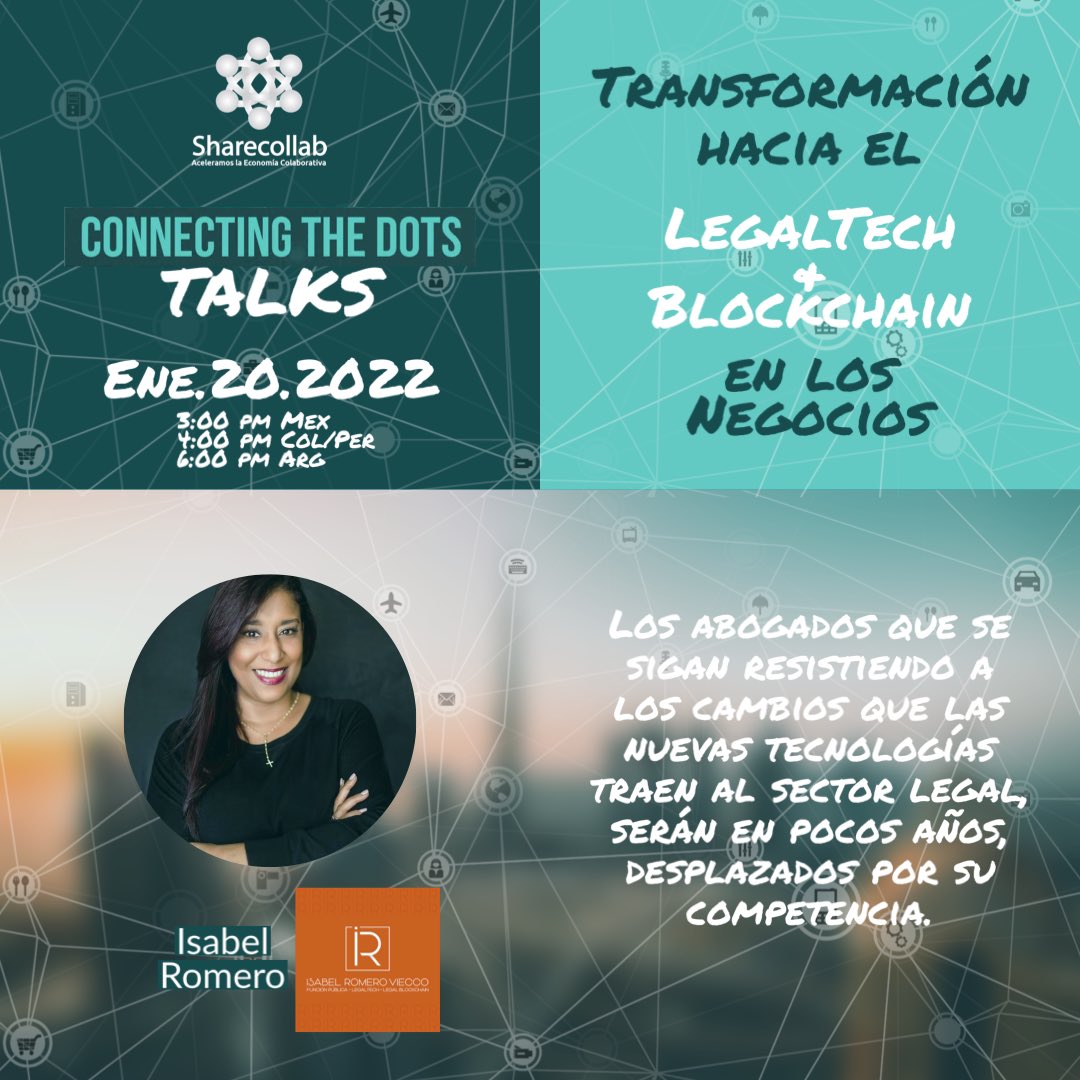 gpalacios's tweet image. Los abogados que se sigan resistiendo a los cambios que las nuevas tecnologías traen al sector legal, serán en pocos años, desplazados por su competencia.
@isaromeroviecco 
Registró Connecting The Dots -Talks:Transformación hacia el LegalTech &amp;amp; Blockchain bit.ly/3HXhIxm