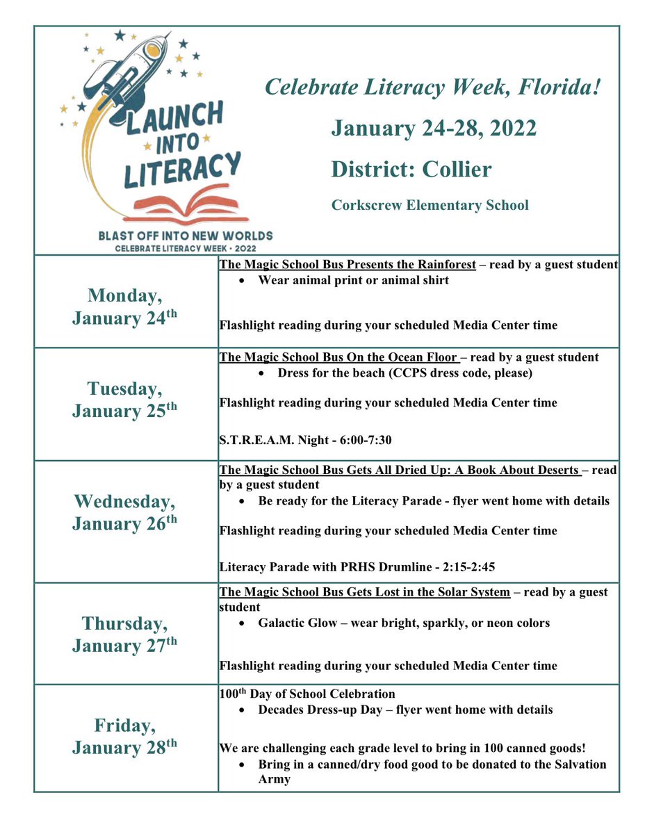 Next week is Celebrate Literacy Week at CES! <a href="/CESCorkyBear/">Corkscrew Elementary</a>