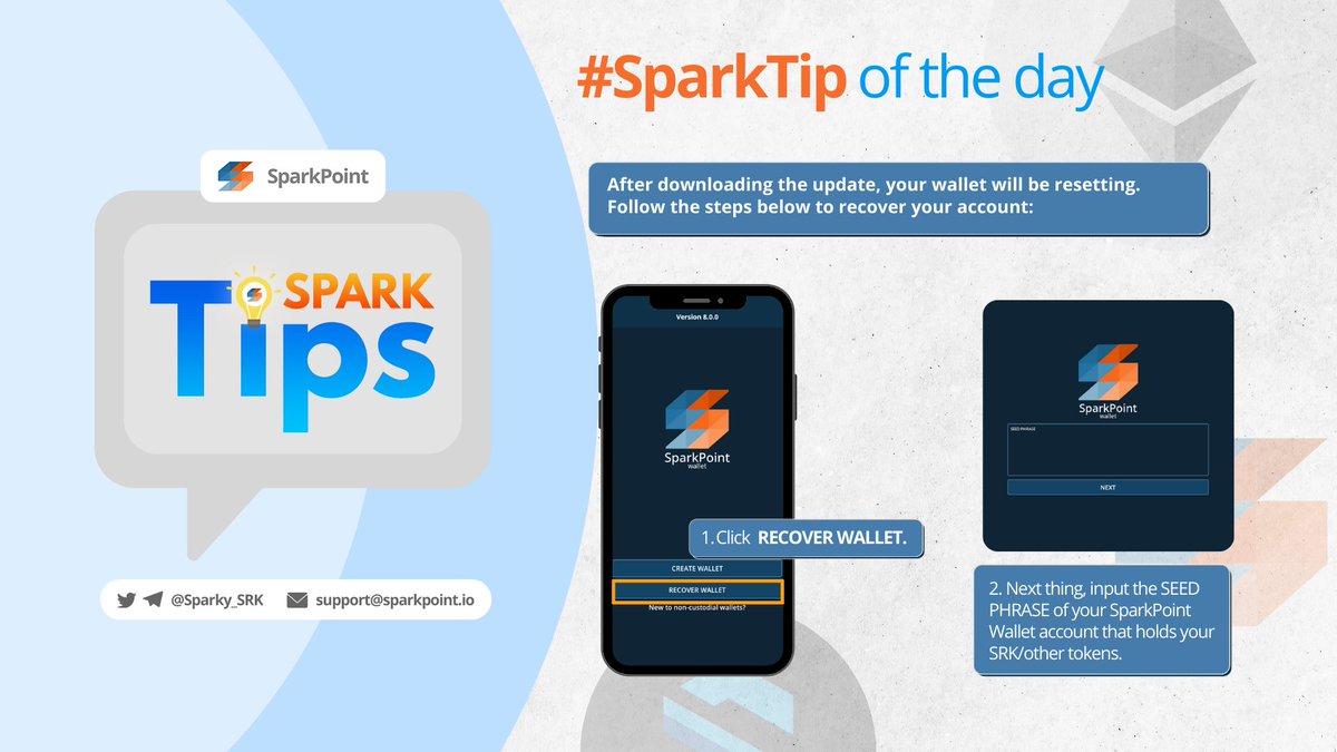 sparkpointio's tweet image. Did you update your #SRK Wallet app to Version 8.0.0? If yes, you need to know that the app automatically resets. Therefore, you have to recover your account and, don't worry because we got that covered today! Check out this guide. ๐คโจ
#SparkTips #SparkPoint