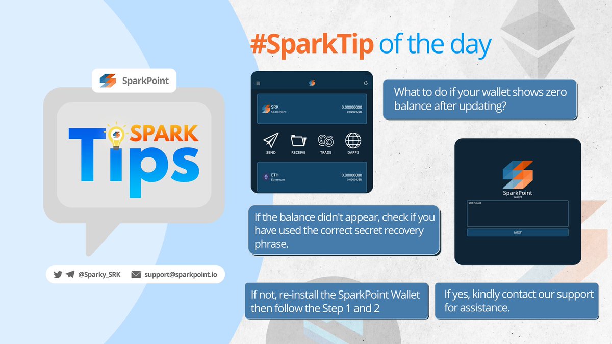 sparkpointio's tweet image. Did you update your #SRK Wallet app to Version 8.0.0? If yes, you need to know that the app automatically resets. Therefore, you have to recover your account and, don't worry because we got that covered today! Check out this guide. ๐คโจ
#SparkTips #SparkPoint
