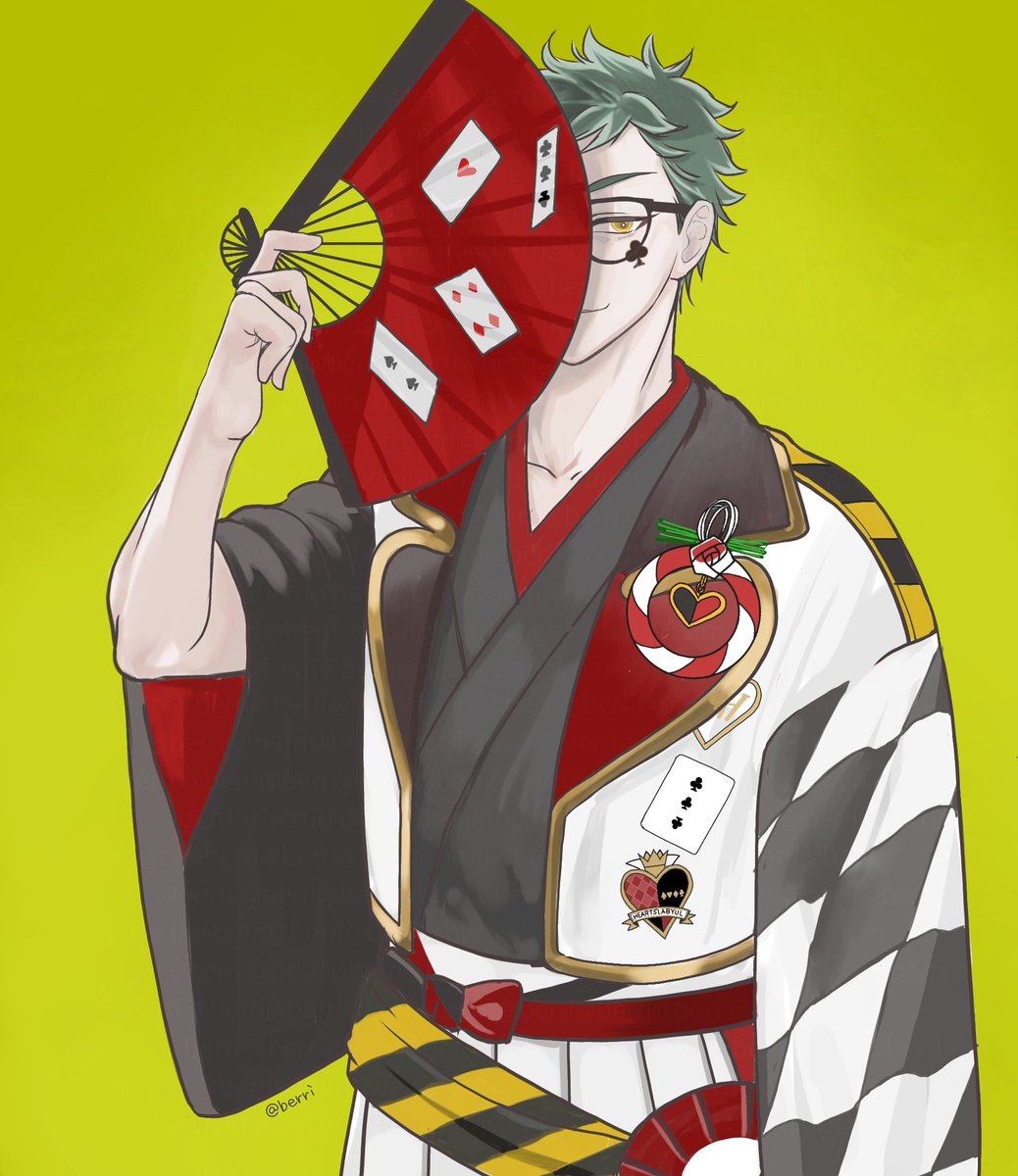 1boy male focus green hair hand fan spade (shape) japanese clothes solo  illustration images