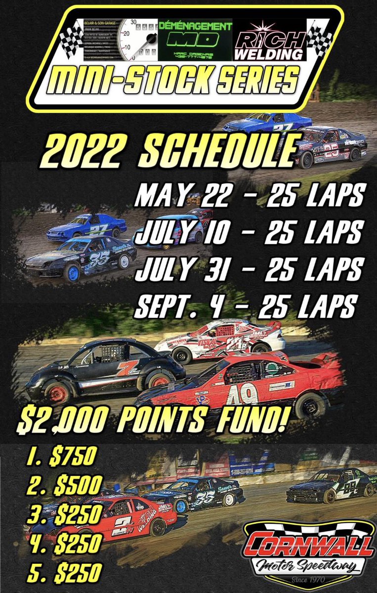 Cornwall Speedway (@cms_speedway) on Twitter photo Some great news regarding the Mini-Stocks! Richest points fund in the Belair & Sons Garage Mini-Stock Series for 2022! Some great news regarding the Mini-Stocks! Richest points fund in the Belair & Sons Garage Mini-Stock Series for 2022!