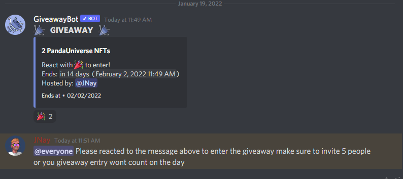 We have our giveaway fully setup, if you want to have the chance to win 2 NFTs, come join our server link in BIO and react to the bot. MAKE SURE YOU HAVE 5 INVITES OR YOU REACT WONT COUNT ON THE DAY