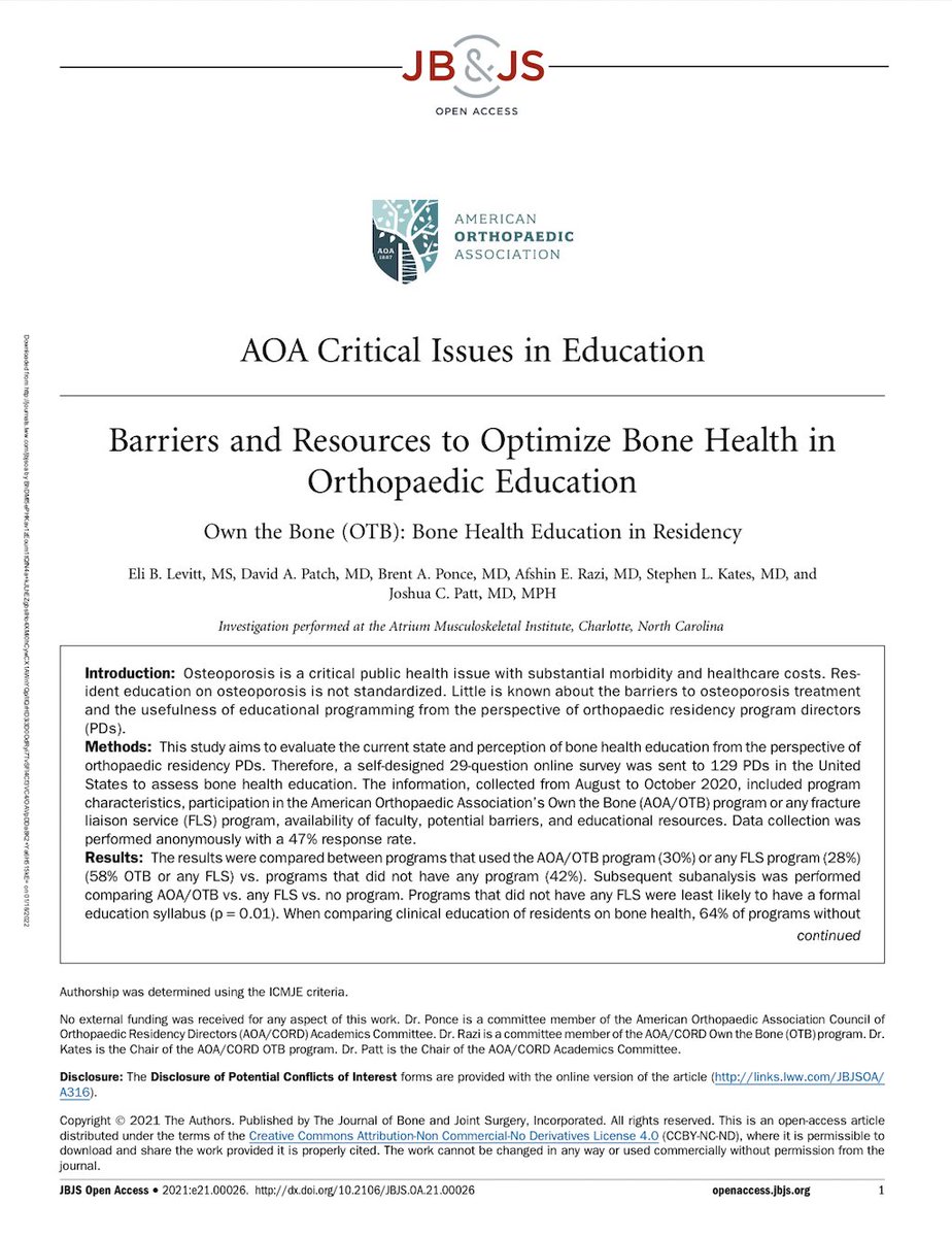 EliBLevitt's tweet photo. "Barriers and Resources to Optimize Bone Health in Orthopaedic Education - Own the Bone (OTB): Bone Health Education in Residency" @jbjs
https://t.co/xckKZiGiG8
#orthotwitter #OwnTheBone #osteoporosis #fragilityfractures https://t.co/Qqn7zIBWur