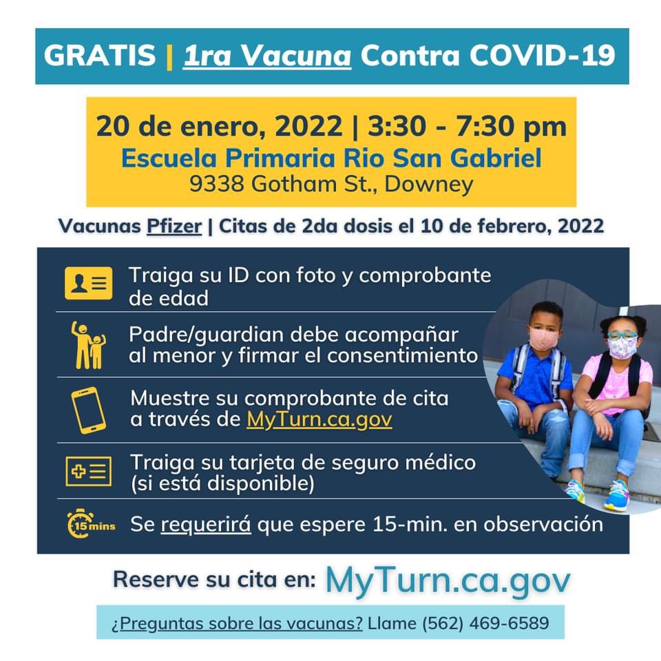 Vaccine Clinic: this Thursday at Rio San Gabriel at 9338 Gotham St, Downey, CA 90241 <a href="/WJaguars/">Williams Jaguars</a> <a href="/DowneyUnified/">DowneyUnified</a>