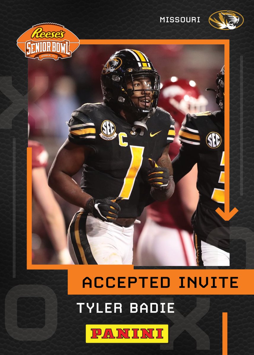 Reese's Senior Bowl (@seniorbowl) on Twitter photo OFFICIAL! RB Tyler Badie @showtimeshine5 from <a href="/MizzouFootball/">Mizzou Football</a> is heading to the 2022 @Reeses Senior Bowl!!! 👏👏👏 #Mizzou #TheDraftStartsInMOBILE™️
@JimNagy_SB <a href="/PaniniAmerica/">Panini America</a> #RatedRookie OFFICIAL! RB Tyler Badie @showtimeshine5 from <a href="/MizzouFootball/">Mizzou Football</a> is heading to the 2022 @Reeses Senior Bowl!!! 👏👏👏 #Mizzou #TheDraftStartsInMOBILE™️
@JimNagy_SB <a href="/PaniniAmerica/">Panini America</a> #RatedRookie