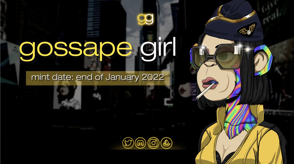 gossapegirl's tweet image. Gm, gn, ready for another giveaway? We're giving away 1 Free GossApe Girl NFT in 48 hours 🎉

To Enter:
- Follow @gossapegirl &amp;amp; @wynedd_eth 
- Like &amp;amp; RT Tag 3 friends
- Must join our Discord

And some hints on the mint date.. IKYKY.
See you in the gossip-lounge! xoxo💋