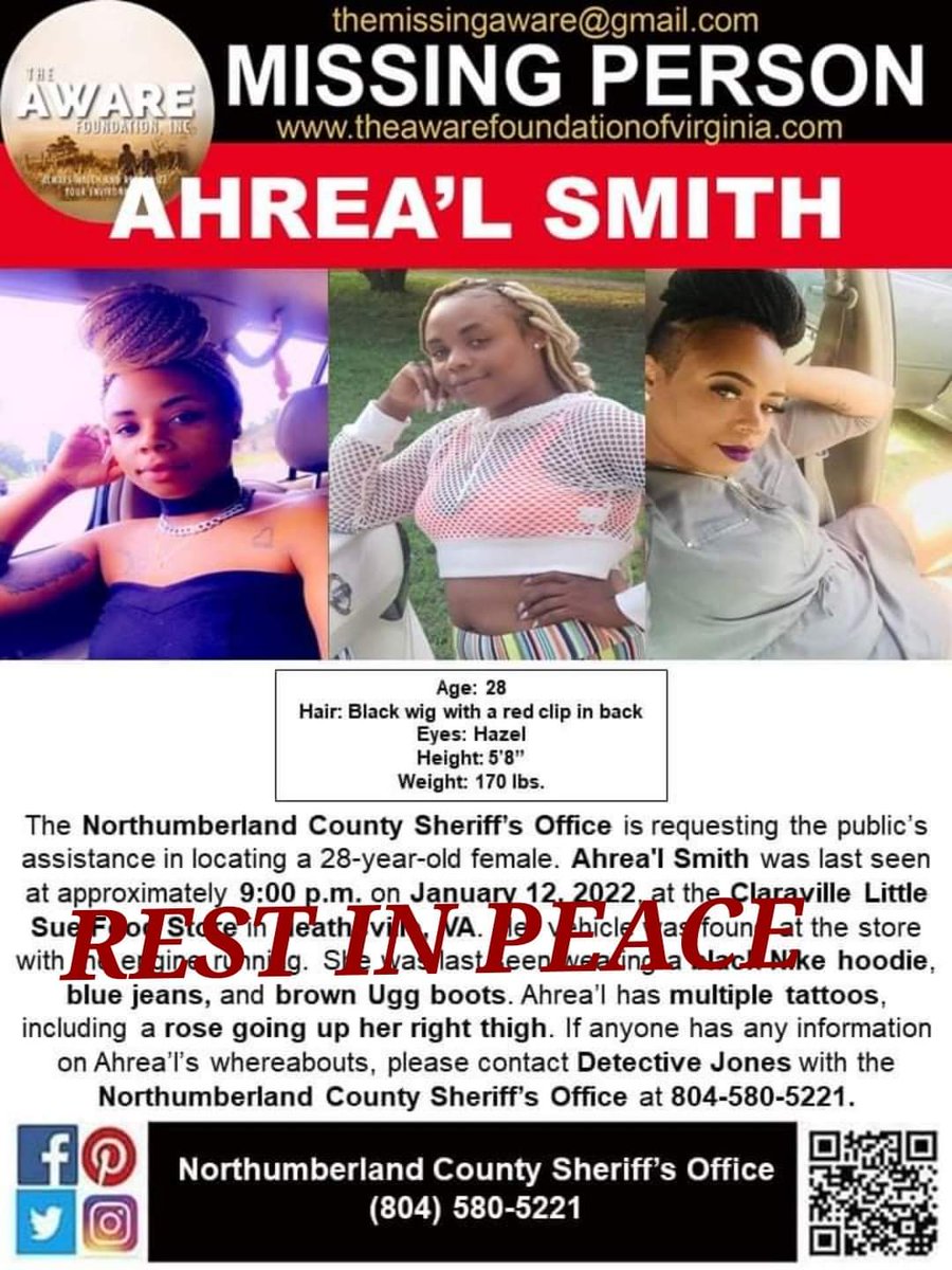 aware_the's tweet photo. UPDATE: It is with a heavy heart we must report that Ahrea'l Smith's remains were found today. Ahrea'l has a beautiful family. Our hearts are breaking for them. No words can take away their pain. Please keep them in your thoughts and prayers. #TheAWAREFoundation https://t.co/ZrH8FCCSjS