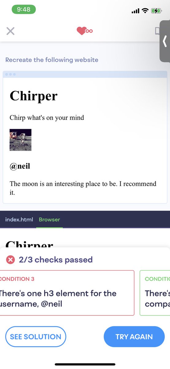 thatonehouze's tweet photo. Restarting my #100DaysOfCode
Day 2: Learned how to use different html tags. Learning how to code is so damn fun. #100Devs #BlackTechTwitter #ChefsWhoCode https://t.co/i0XikmepKw