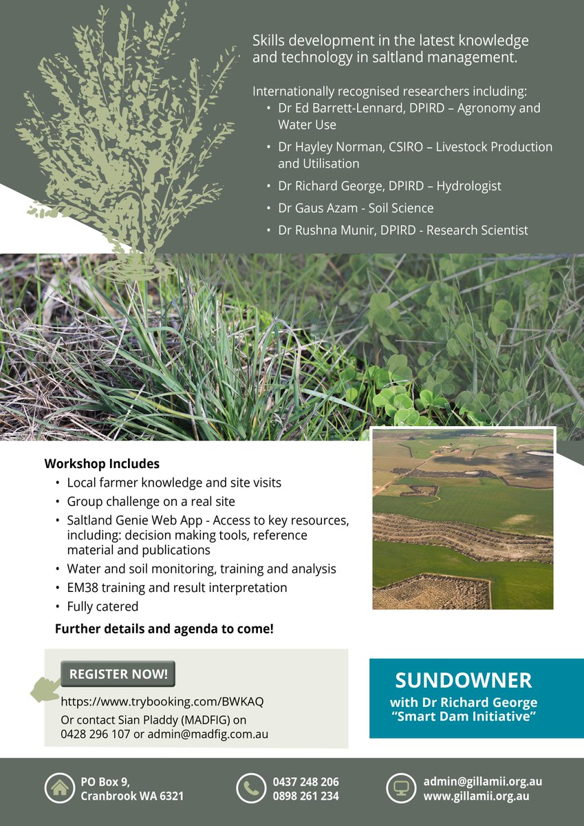TheGillamii's tweet photo. Bencubbin Master Class in Saltland Management 
16th March 2022
Skills development and the latest knowledge and technology in saltland management for the north eastern Wheatbelt.
Register here: https://t.co/AJB5zeHyCh https://t.co/4CCPJyrcNm