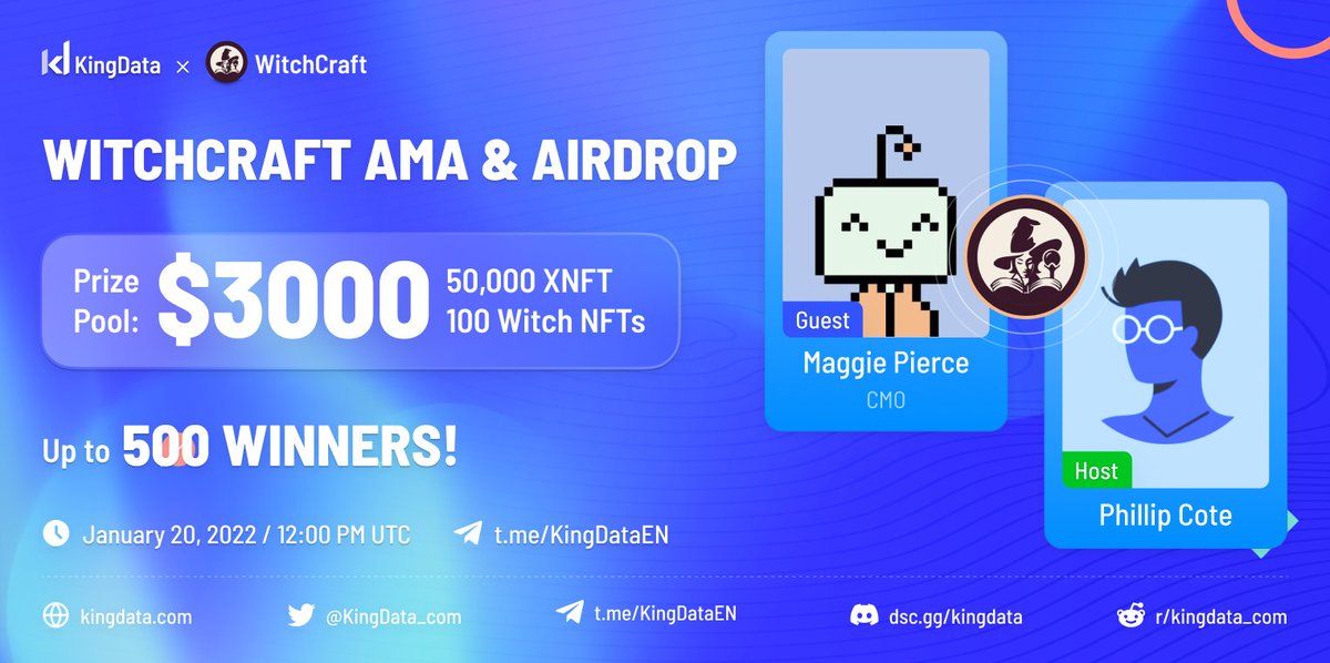 #WitchCraftGame #AMASeries

🎙 Witchcraft game and KingData will be hosting an #AMA session + #Airdrop with a #rewards pool of $3000 worth of #NFTs and #Tokens!

➡️ Join the airdrop here: gleam.io/6iyle/kingdata…

📍 Venue: t.me/KingDataEN
⏰ Date &amp; time: 01/20, 12PM UTC