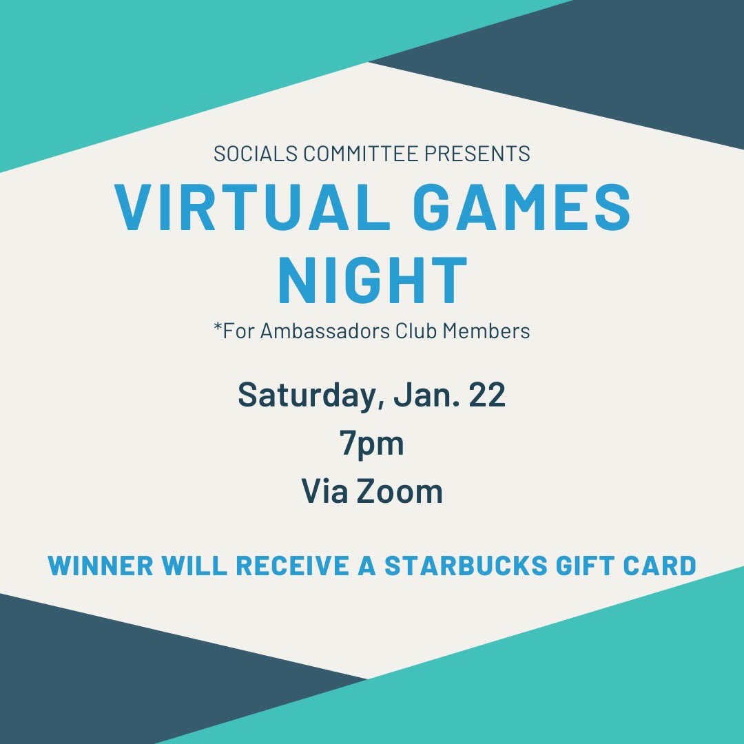 uofcambassadors's tweet photo. Join us this Saturday night for online games!  The winner will receive a Starbucks gift card. Check out the general channel in Slack for the Zoom info! https://t.co/JRHRySvpgc