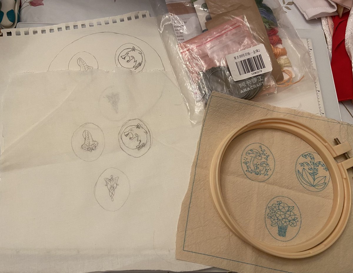 I got a embroidery pendant kit on Amazon and it'll be my first time doing patterns this small. The ones on the left aren't perfect but, I've tried my best to them trace out. Now I got the original patterns the kit has and the ones I've traced to stitch.🍄🌿🐺